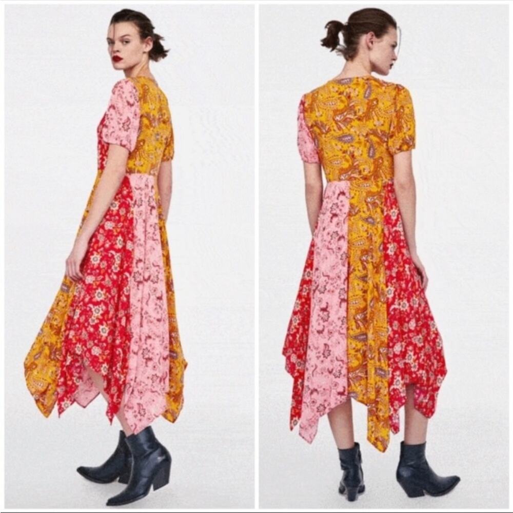 Zara Red Pink Paisley Patchwork Hankerchief Midi Dress Bloggers Fave Small - Picture 9 of 10